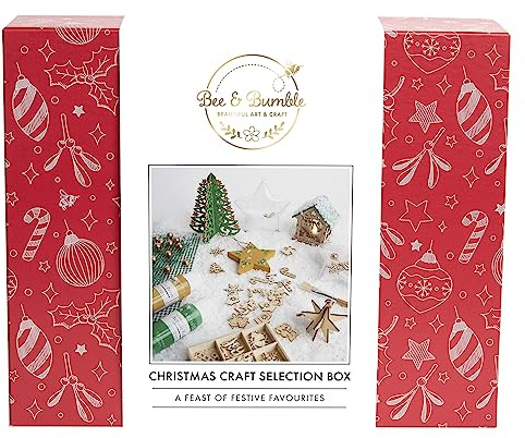 Bee & Bumble Christmas Craft Selection Craft Box, Wooden Shapes, Embellishments, Fillable Baubles, Star Decoration, LED Shadow Box House, Acrylic Paints 59ml, Festive Decorations, Scrapbooking
