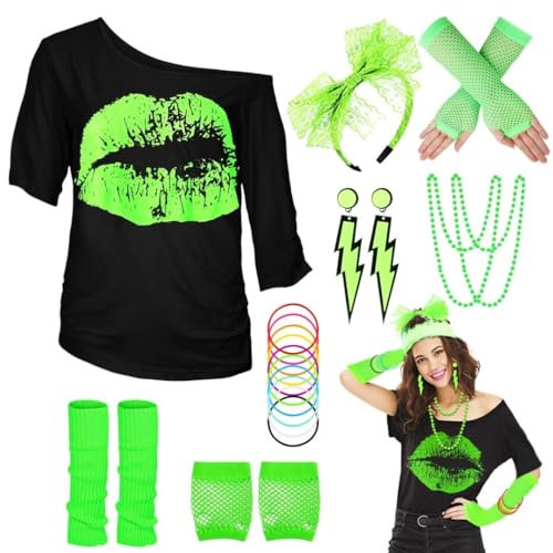 WILDPARTY 80er 90er Jahre Outfit Damen, T-Shirt, Beinwärmer, Stirnband, Ohrring, Halskette, Netzhandschuhe, 80er 90er Jahre Kostüm Mottoparty Accessoires Kleidung JD-80SMouth-Green-S Made In China
