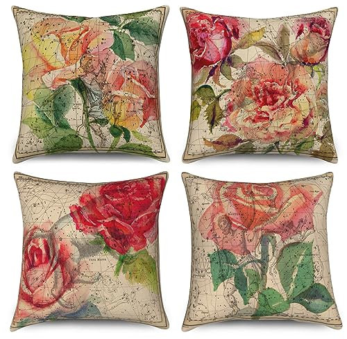 ASDCXZ Kissenbezug Retro Blumen 40x40 cm 4er Set, Vintage Blume Blätter Sofa Kissen Dekokissen Kissenbezüge Kissenhülle Waschbar Polyester Flachs Textil Outdoor Polster Kopfkissenbezug Kissen Bezug