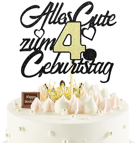 Sumerk 1 Stück 4.Geburtstag Tortendeko Happy 4th Birthday Cake Topper 4.Alles Gute Geburtstag Cake Topper 4 Jahre Torte Kuchen Deko für 4 Geburstagstorte Deko Jungen Mädchen