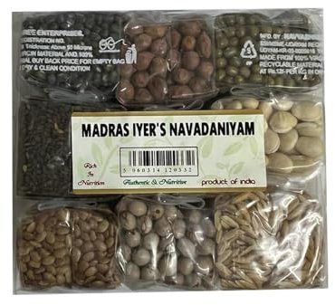 Madras Iyer's Navadaniyam Set | Nine Sacred Grains | Uses for Hindu Poojas and Rituals | High Organic Nutrition | Traditional Indian Ingredients | Approx 440Grams (Pack of 1)