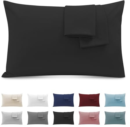 Federe Cuscini Letto Matrimoniale 50x80cm, Set 2 Federe Oeko-TEX in Premium Microfibra 110GSM con Invisibile Cerniera, Morbida e Traspirante, Ipoallergenica - Nero