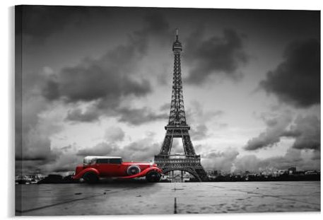 Puzzle 1000 Teile,Künstlerisches Bild vom Eiffelturm mit Retro-Auto in Schwarz-Weiß,Kinderspielzeug Dekompressionsspiel Klassisches Spiel Puzzle(75x50cm)-166