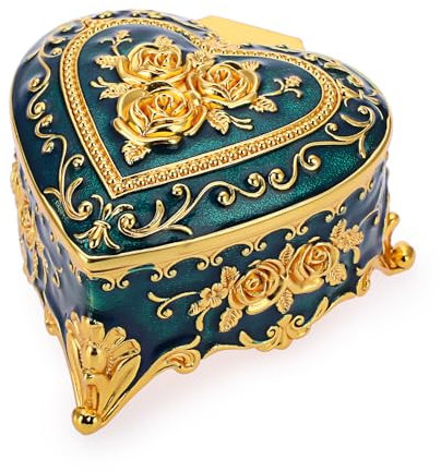 SUMTree Vintage Schmuckkästen mit Deckel aus Metall Blau mit Goldenblumeform Schmuckbox Schmuckkiste Schmuckkoffer für Ring Armband Ohrringe von Damen Geschenk für Weichnachten Geburtstag Herzförmig