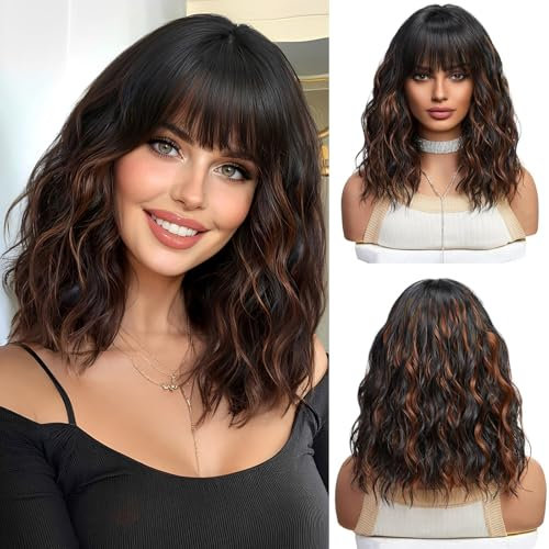 UEVIES Kurze gewellte schwarze mit Highlight braune Perücke Synthetisches Haar Perücken mit Pony natürliche Schulter Länge Bob Perücke für Frauen tägliche Party Cosplay-16 Zoll