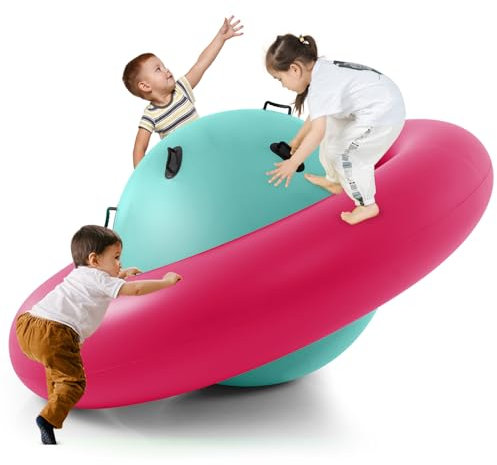 GOPLUS Bascule Gonfable Enfant Balle Gonflable à Bascule, Château Gonfable pour Jardin Jusqu'à 3 Enfants, Capacité 113 kg, Jeu Extérieur Amusant, pour Enfnats 5 Ans+ Pompe Non Inclus (Rose)