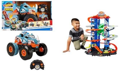 Hot Wheels Monster Trucks - Rhinomite Trasformabile Radiocomandato in scala 1:12 & City Robo T-Rex Ultimate Garage Modalità multigiocatore a più livelli