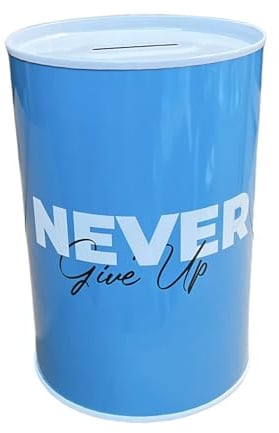BLUECHOLON Money Box Tin Message, Positive Phrases Children and Adults, Love, Dreams, Diet, Travel, Work, Original Money Tins, Gift (10x15, Never Give Up Blue)