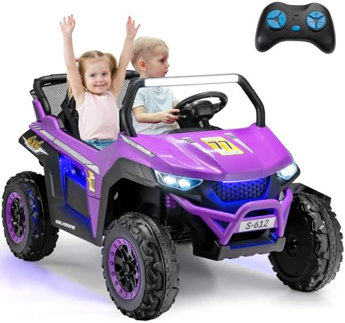 GYMAX Kids Electric UTV, 2-Seater 12V Battery Powered Toy Car with Remote Control, Lights, Bluetooth, MP3, USB, FM, High/Low Speed & Suspension Spring, Children Ride on Car for 3-8 Years Old (Purple)