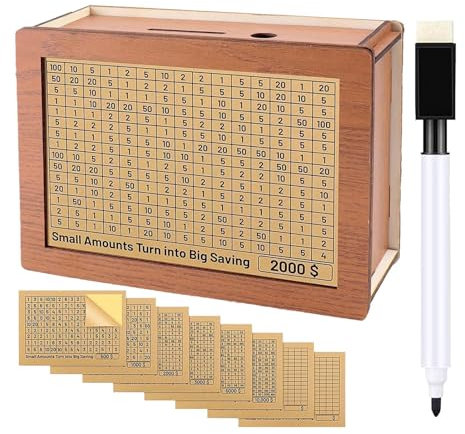 tedious Spardose mit Zähler | Sparschwein Holz für Erwachsene und Kinder | Sparbox mit 8 Aufklebern und Markierstift | Wiederverwendbare Münz Geldkassette zum Sparen im Haushalt, NL1J05ASPT3ZSQ4MZO