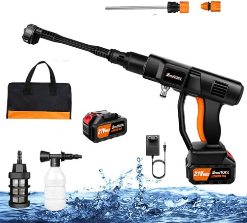 Akku Hochdruckreiniger 21V Tragbare Hochdruckreiniger 30Bar Mobiler Hochdruckreiniger mit 3000mAh Akku, 6-in-1 Sprühdüse, 5M Schlauch Hochdruckpistole für Autowäsche, Gartenschlauch, Bodenreinigung