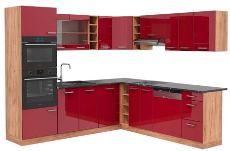 Vicco Eckküche R-Line, Rot Hochglanz/Goldkraft Eiche, 247 x 60 cm, AP Anthrazit