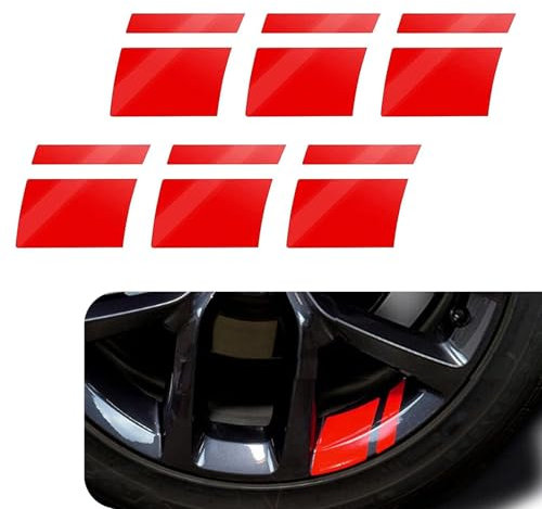 Prywog 6 adesivi riflettenti per ruote auto, 10 x 7 cm, impermeabili, accessori decorativi di sicurezza, universali per la maggior parte delle auto con ruote di dimensioni da 45,7 a 53,3 cm (rosso)