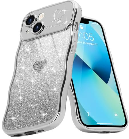 Teageo Cute Heart Pattern Curly Phone Case for iPhone 13, Wave Frame Glitter Case for Girls Women Aesthetic Bling Cover Shockproof Soft TPU Bumper for iPhone 13, Silver