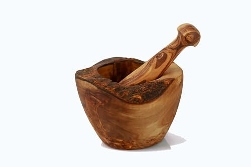 Set di mortaio e pestello in legno d'ulivo realizzato a mano, rustico e resistente, per macinare spezie, erbe e aglio, ecologico e sicuro per alimenti, grana naturale unica (legno naturale, 8 cm)