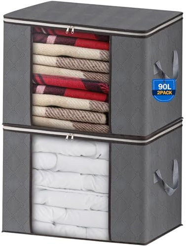 AIOR 2pcs Scatole per Armadio Salvaspazio, 90L Grande Capacità Borsa Porta Abiti con Finestra Trasparente, Pieghevole Traspirante Organizzatore Borsa per Trapunte, Coperte, Biancheria da Letto