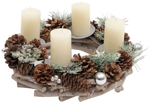 Adventskranz HWC-M15, Adventsgesteck Tischkranz Weihnachtsdeko Tischdeko, Holz MVG Silber Ø 32cm - mit Kerzen