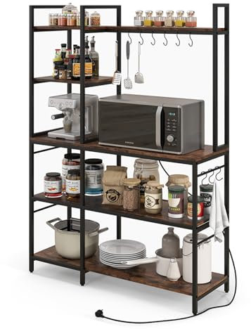 GOPLUS Estantería de Cocina con 5 Estantes y 10 Ganchos, Estante Ahorrador de Espacio para Microondas, Estante Multiusos para Panadería con 6 Patas Regulables, Estilo Industrial, 107 x 37 x 160 cm