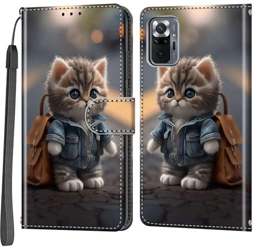 Salanheo Handyhülle für Xiaomi Redmi Note 10 Pro Max/Note 10 Pro Hülle, Magnetische Flip Stoßfeste Schutzhülle mit Standfunktion Kartenfächern Klapphülle Handytasche Katze