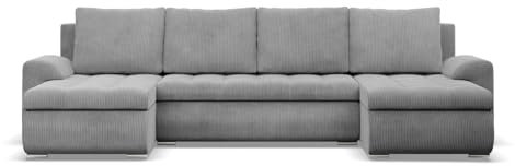 Mebligo - Ecksofa mit Schlaffunktion und 3 Bettkasten FORESTA 302x89x159 (BxHxT) Cord - Grau - Couch U Form, Sofa im Sitz: Wellenfeder + Schaumstoff, Sofas & Couches, Eckcouch