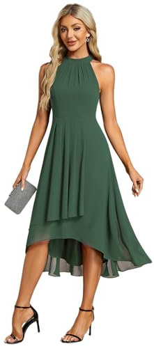 Ever-Pretty Abito Cerimonia Donna Spalle Scoperte Pieghe High Low Senza Maniche Chiffon al Ginocchio Abito da Ospite Orlo Irregolare Comodo Verde eucalipto 46