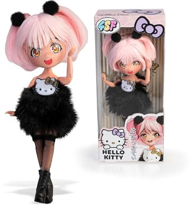 4SF - Hello Kitty Manga Doll Golden Diva, Muñeca Fashion Japonesa con Looks a la Moda Manga, Figura de 19,5 cm con 15 Puntos de Articulación, Pelo Rosa, Accesorios Incluidos, Famosa (HKTF0200)