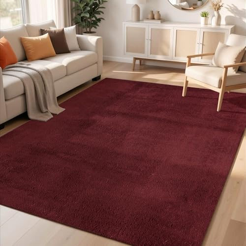 Comfy Washable Plain Non-Slip Living Room Area Rug, Red, 120x160cm