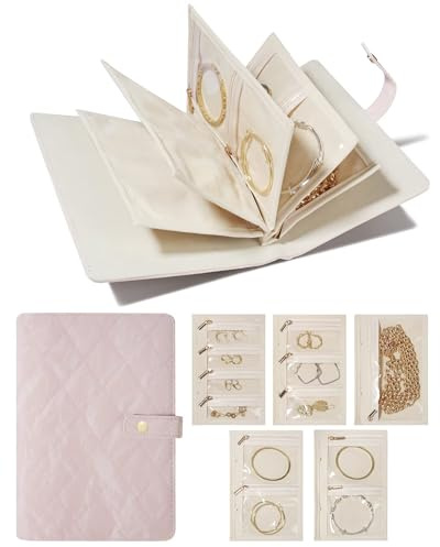 MAVHVAM Travel Jewelry Organizer with Binder Ring See-Through Pouches Jewellery Storage Book Small Travel Jewellery Box for Women Portable Jewelry Organiser for Rings Necklace Bracelets Earrings Pink