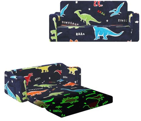 Pieghevole Divano Bambini 2-in-1, Poltroncina per Bambini Trasformabile in Lettino per Regalo Bambino,Stabile Sedia si illumina al Buio Camere da Letto, Soggiorno e Stanza per i Giochi,Dinosauro