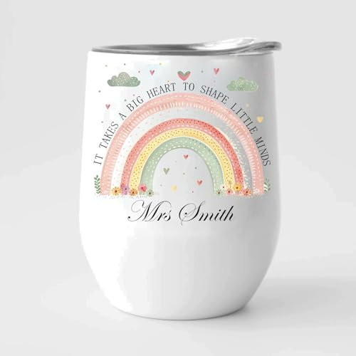 EKAM Personalised Teacher Wine Mug “It Takes a Big Heart to Shape Little Minds” End of School Year Teacher Gift Customise with Teacher’s Name - 12oz Stainless Steel Wine Mug Gift for Teachers