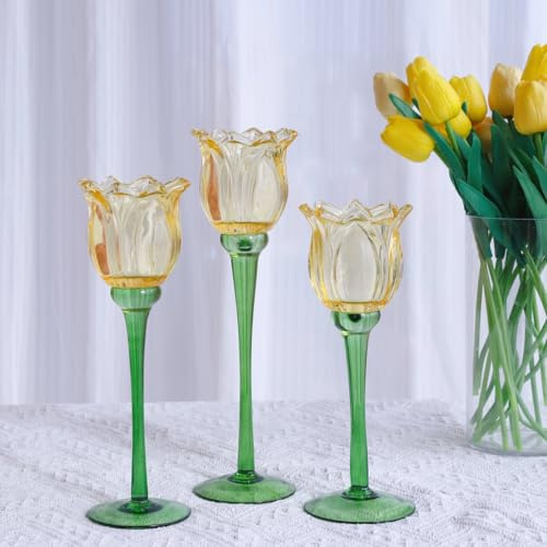 VOHO Kerzenhalter Tulpen Gold 3er Set Weihnachten Kerzenhalter Dekor | Klassischer goldener Votivkerzenhalter, Hochzeitsdekoration für Tische, Blumen-Teelichthalter für Geburtstag, Erntedankfest