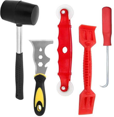 Window Glazing Tool Kit, 5PCS, Heavy Duty, Deglazing Glazing Tools | Ruber Hammer, 13 in 1 Knife Chisel, Glazing Shovel Paddle for Beading, Window Roller, Spline Removal Hook for Windows Doors