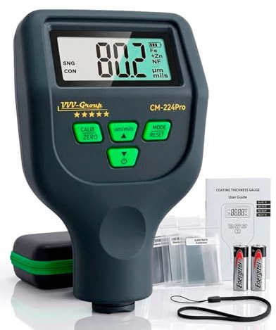 Medidor de grosor de pintura CM-224Pro 2026 | Medidor de grosor de revestimiento Fe/Al/Zn | Medidor automático de profundidad de pintura para coche con sonda de alta precisión, pantalla multiunidad y