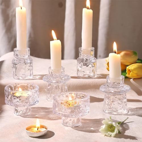 6 Packs Taper Candle Holders, Clear Glass Candlestick Tealight Holders | Candle Sticks Tea Light Candle Holders for Dinner Wedding Christmas Table Centrepiece