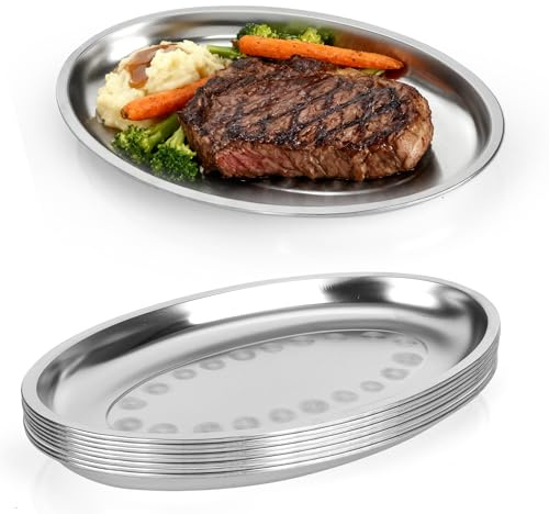 WeeGoo 6 Pcs Stainless Steel Serving Tray, 34x 21x2.5 cm | Oval Dish, Silver Plate for Fish, Meat, Appetizer, Salad
