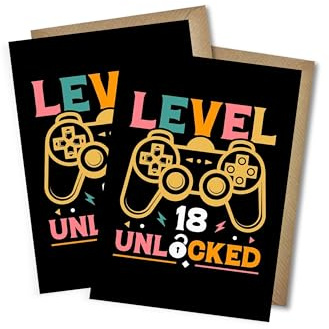 WBdesignz Gaming Geburtstagskarten mit Umschlägen - Level 18 unlocked - 18. Geburtstag Geschenkkarten Happy Birthday - 18ter Geburtstag DIN A6(2er-Set)