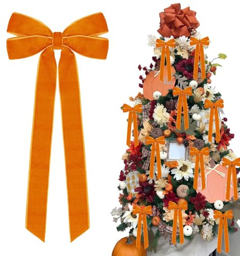Zimocepuz Weihnachtsbaumschmuck,12 Stück Orangefarbene Samtschleifen,26 X 13 X 2,5 cm,orangefarbenes Schleifenband Ornament, Weihnachtsparty Dekoration