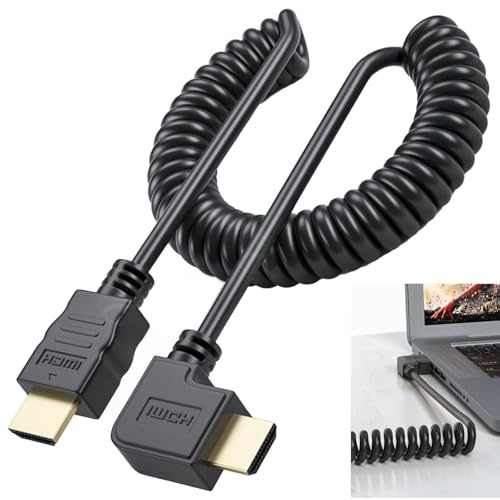 Cable HDMI Espiral 1.2m con Ángulo Recto, HDMI Ángulo Cable Espiral, Velocidad Ultra Alta de 48Gbps, Compatible con 8K@60Hz y 4K@120Hz, para Videocámaras, Ordenadores, Monitores, Televisores, PS4