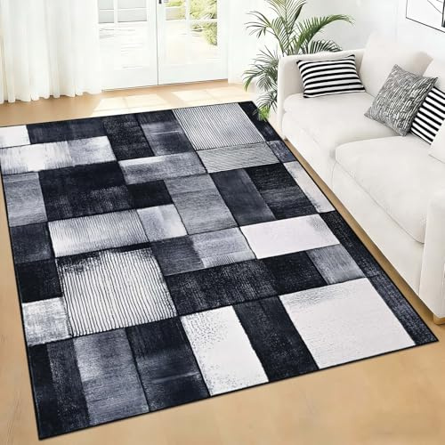 Alishomtll Teppich Wohnzimmer Schwarz Grau, Modern Kariert Läufer 120x160cm | Rutschfest Kurzflor Schlafzimmer Teppich, Weich Waschbar Geometrisch Küchenteppich, Pflegeleicht Langlebig Rechteckig Rugs
