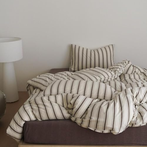 Bettwäsche 135x200 4teilig Beige Braun Gestreift mit Kissenbezug 80x80cm | Bettwäsche-Set Mädchen Frauen Wendebettwäsche Weiche Mikrofaser ÖKO-TEX Renforce Streifen Bettbezug mit Reißverschluss