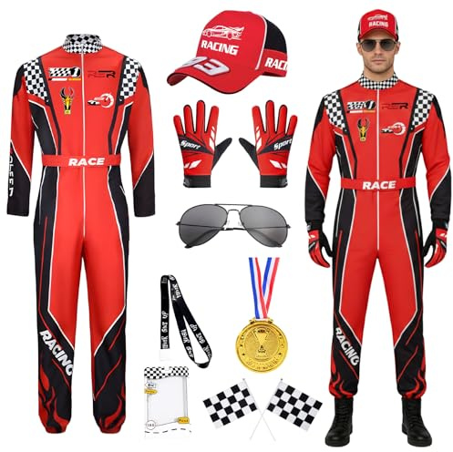Disfraz de Piloto de Carreras para Hombre, Mono de Carreras para Adultos | Guantes Gafas Sombrero, Bandera a Cuadros Disfraz de Corredor de Línea para Halloween Carnaval Fiesta Cosplay