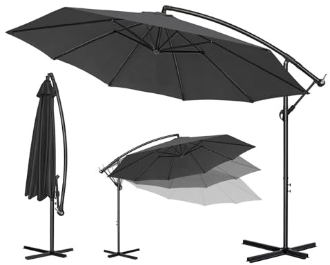 Ferzone Sonnenschirm Ø 350 cm mit Kurbel, Ampelschirm Windfest Wasserdichte UV-Schutz, Groß Gartenschirm Marktschirm Kurbelschirm 360° Drehbar für Balkon Terrasse Garten (Schwarz-Grau)