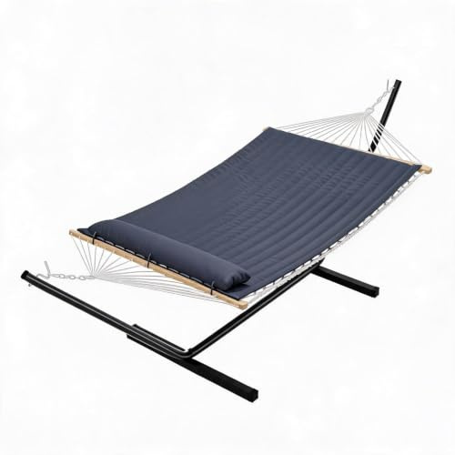 Doppel‑Hängematte mit Stahlgestell für 2 Personen, gepolsterte Liegefläche mit Kissen und Spreizstab, belastbar bis 226 kg, wetterfeste Outdoor‑Hängematte für Garten, Terrasse und Balkon