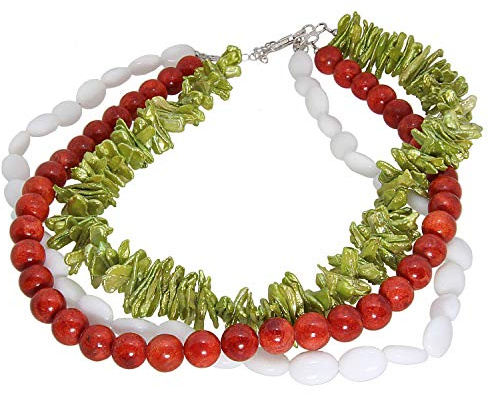Young Inspiration Damen Halskette echt Silber 925 Sterlingsilber mit Jade Koralle und Keshi-Perlen 45-50 cm lang mehrreihig