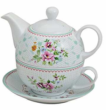 Tea for one Set (Kanne, Tasse, Untertasse), dezentes hellgrünes Blumenmuster