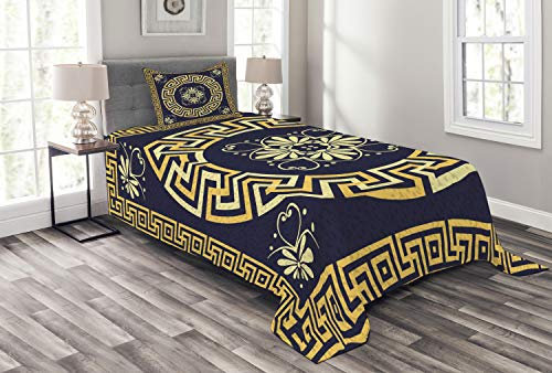 ABAKUHAUS Greek Key Tagesdecke Set, Retro Frühling Meander, Set mit Kissenbezügen Waschbar, für Einselbetten 170 x 220 cm, Dunkelblau Gelb