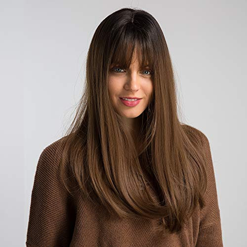 HAIRCUBE Lange Gerade mit Pony Perücken für Frauen Natur Hitzebeständige Kunstfaserperücken mit Pony Täglich Cosplay (Schwarze Wurzel mit blonden)