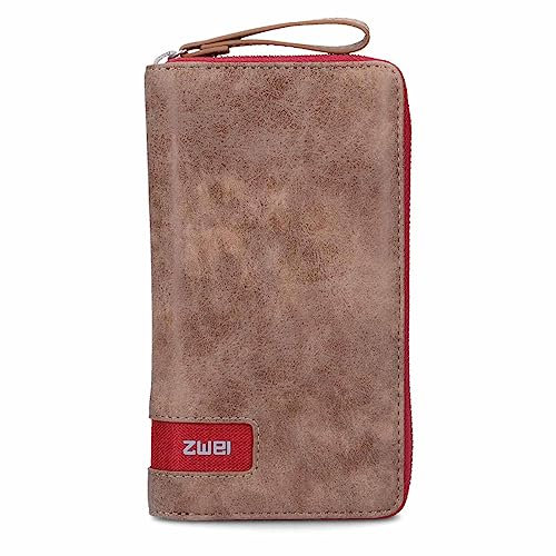 Zwei große Damen Geldbörse O.Wallet OW2 braunes Portemonnaie im Vintage-Style, Geldbeutel mit umlaufendem Reißverschluss, 15 Kartenfächer, 2 Scheinfächer, Münzfach & Sichtfach (Chili)