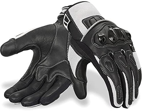 Oro Biker Motorbike Motorcycle Gloves, Premium Leather and Summer Mesh Hard Knuckle Touch Screen Motorbike Gloves Racing ATV Riding Gloves for Men (Large, Black/White)
