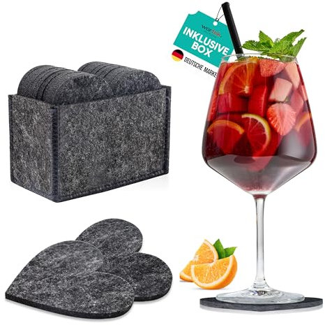 wortek Filz Untersetzer Gläser Schwarz in Herzform – 10er Set mit Aufbewahrungsbox, Glasuntersetzer für Getränke, Tassen, Bar, Glas - Ø 10cm Tischuntersetzer Filzuntersetzer Gläser